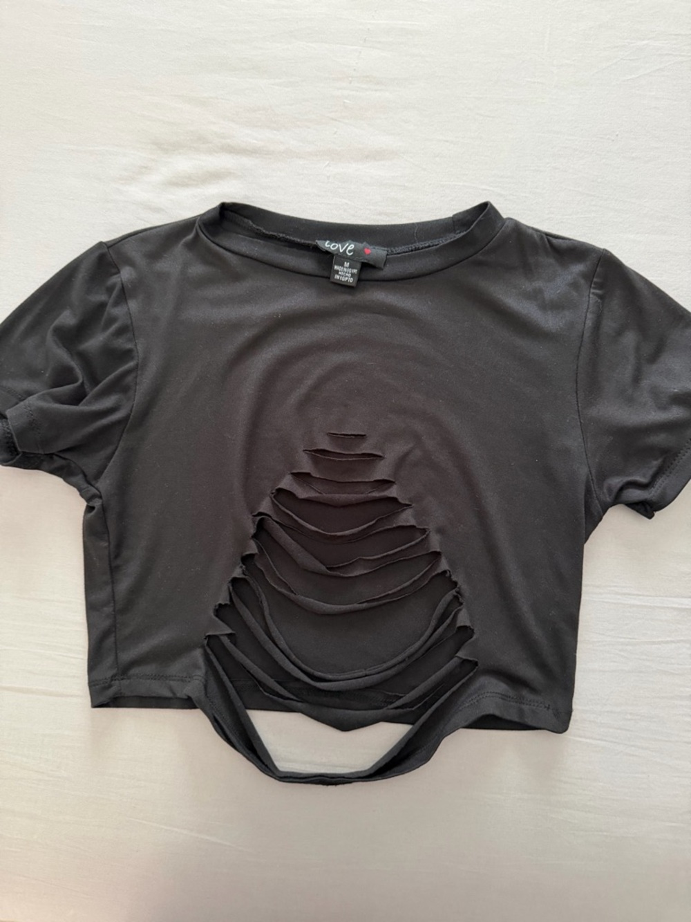 Love Black Cropped Distressed Cut Out Tee